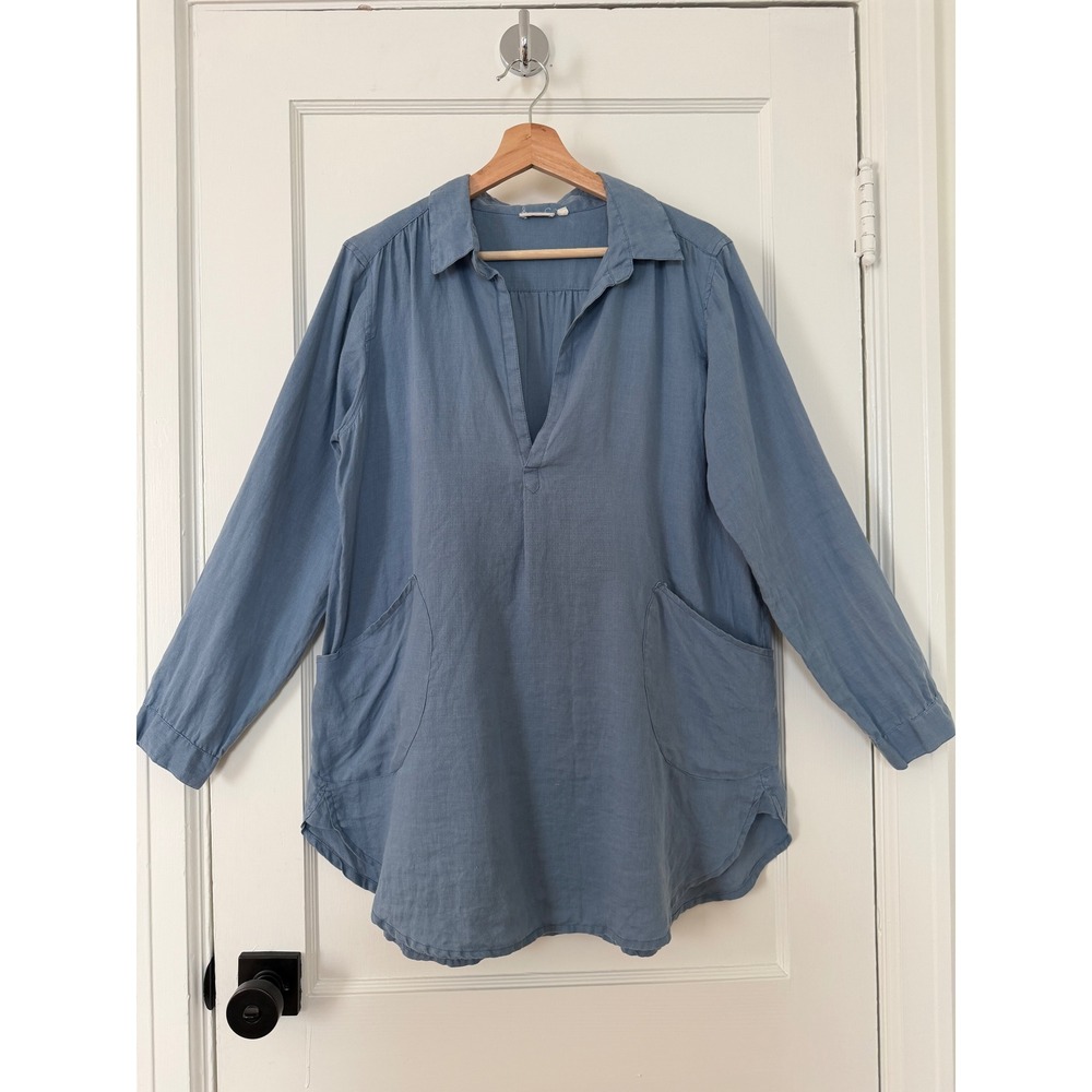 Dolma Womens Blue 100% Linen Long Sleeve‎ Tunic Blouse Pockets Size M Lagenlook